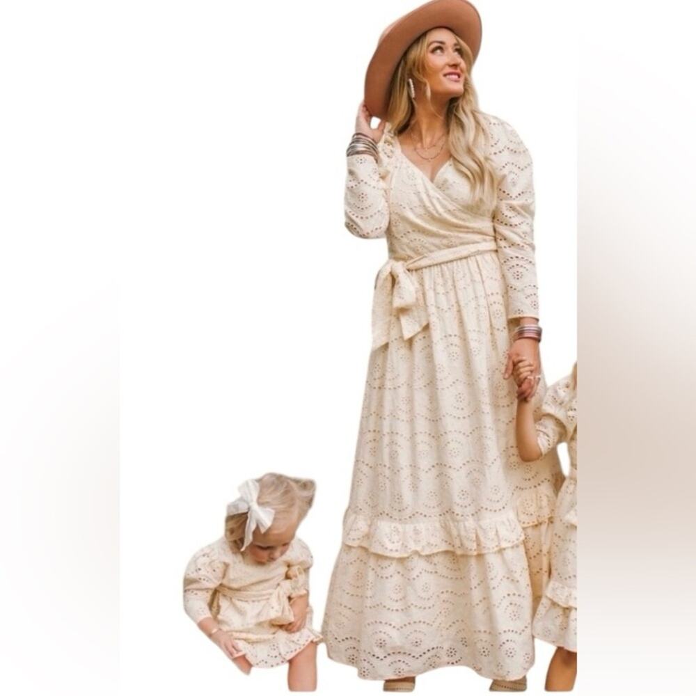 Ivy City Co Cream Ivory Eyelet Belted Maxi Dress size medium Bohemian